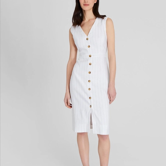Striped Button Front Pencil Dress - Brand New - NEVER WORN - Blue Stripe - Picture 1 of 5